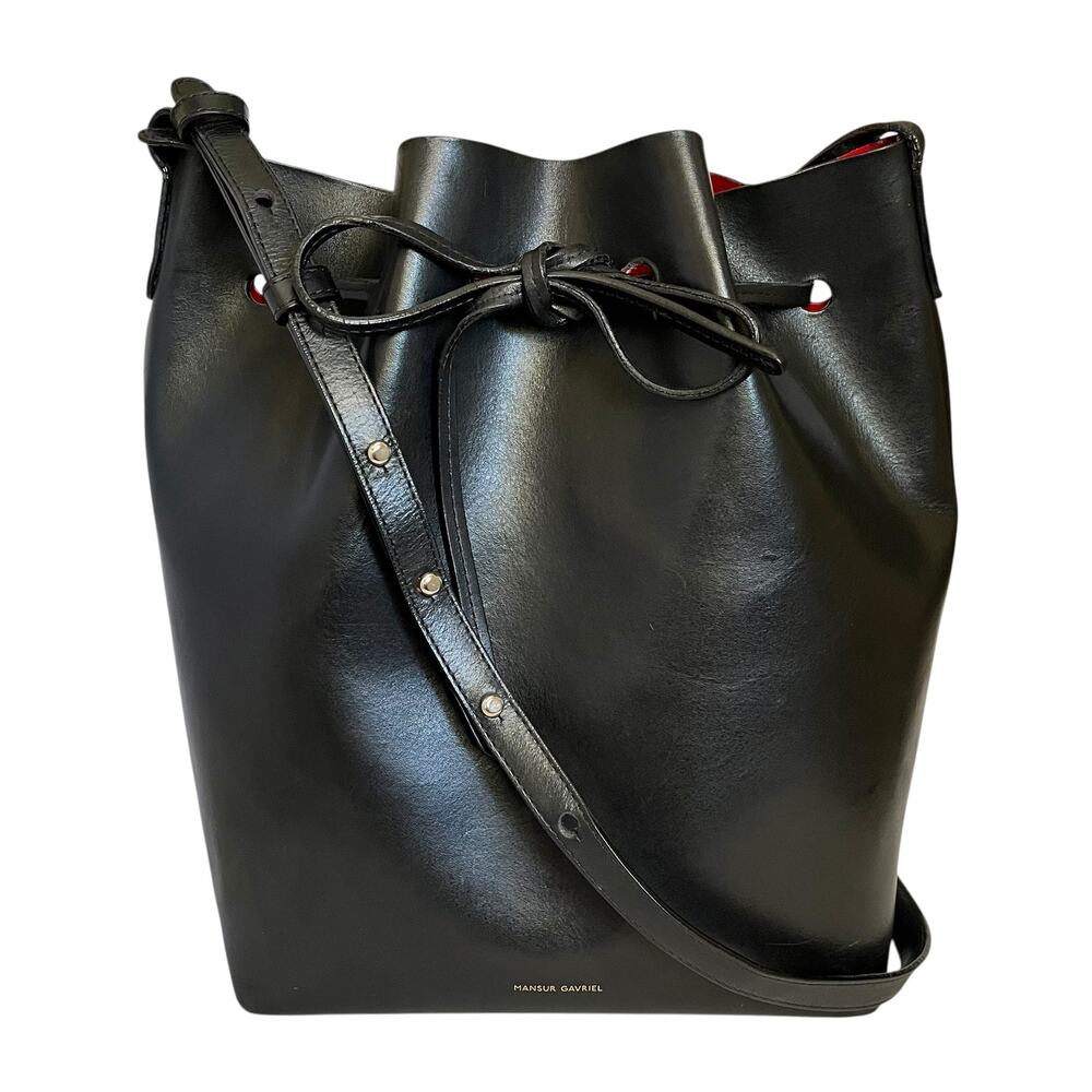 Mansur Gavriel Black Leather Drawstring Bucket Bag with Flamma Red Lining
